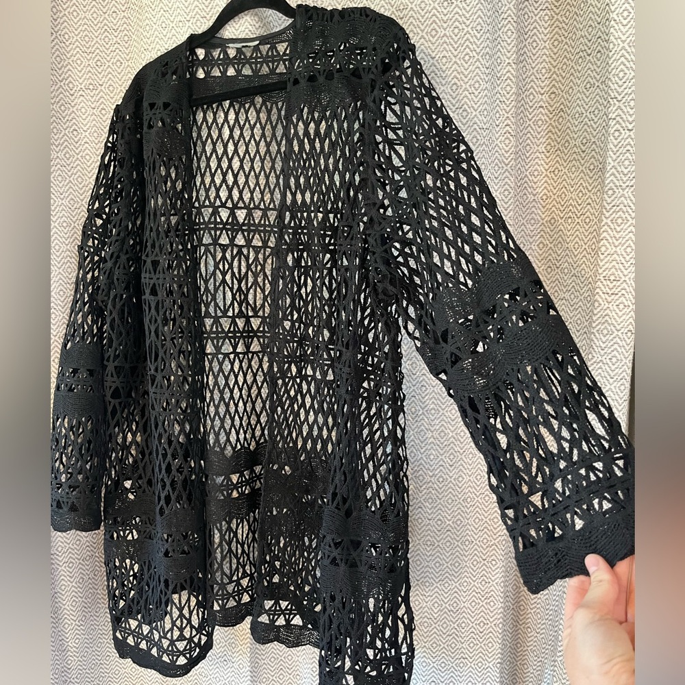 Netted Crochet Knit Cardigan Coverup Oversized Summer Beach Black OS